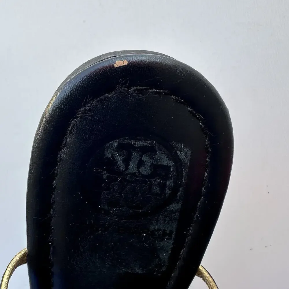 Tory Burch Shane Mestico T-Strap Sandals Women's sz 10 Black & Gold Tone Chain